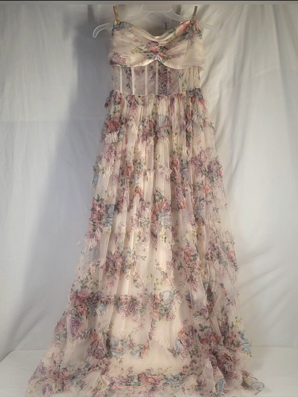Faeriesty Ruched Bustier Ruffle Trim Hem Floral Print Tube Maxi Dress Size 1XL - Picture 11 of 16